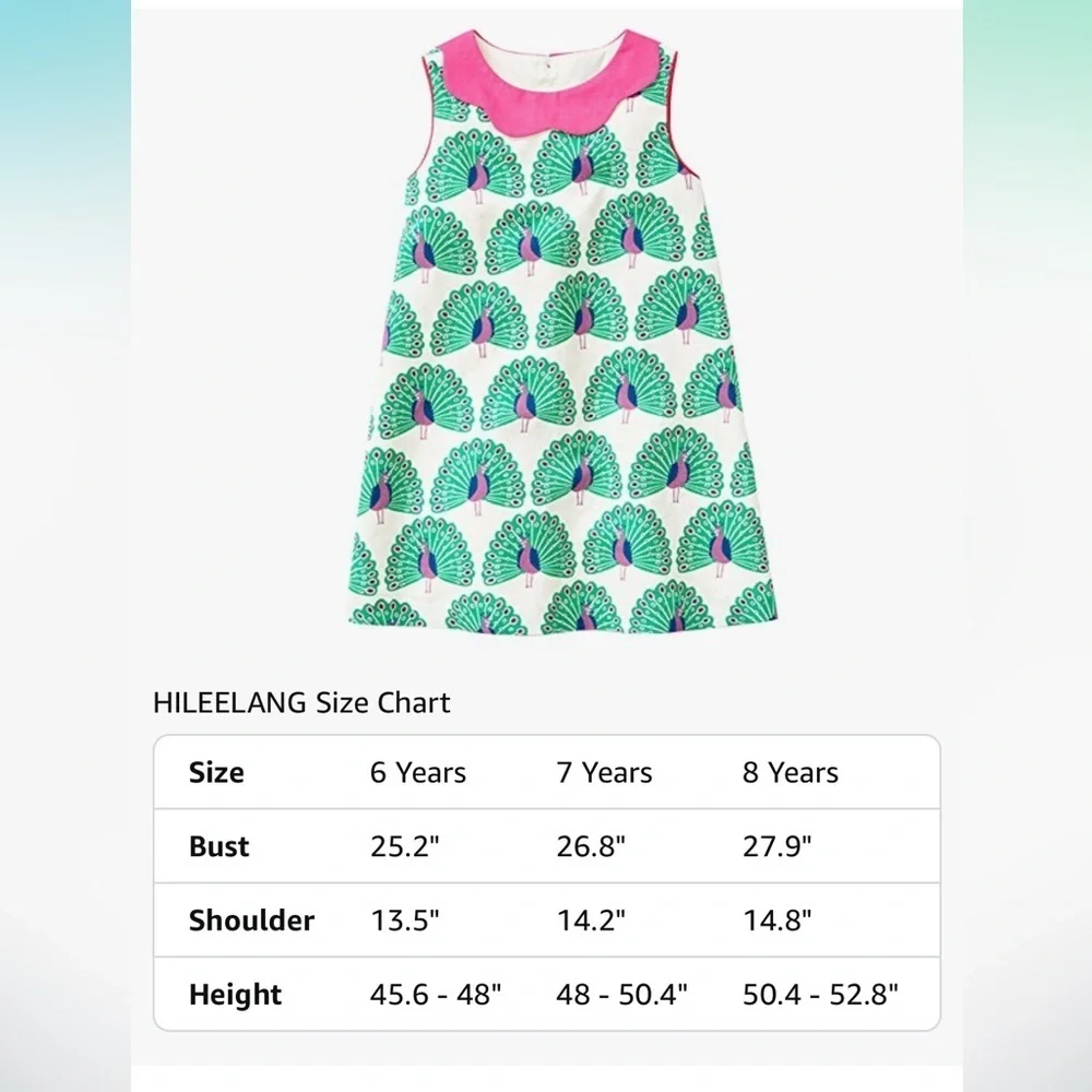 5/$25 Girls Peacock Print Sleeveless Dress with Pink Collar, size 8